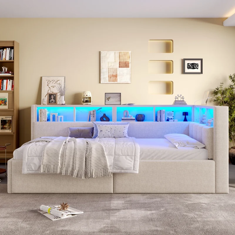 Divano letto singolo 90 x 200 cm beige; letto contenitore con apertura idraulica e luci LED