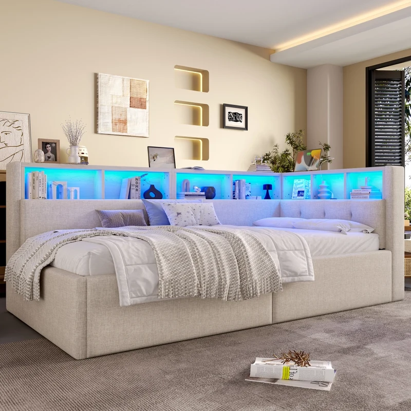 Divano letto singolo 90 x 200 cm beige; letto contenitore con apertura idraulica e luci LED