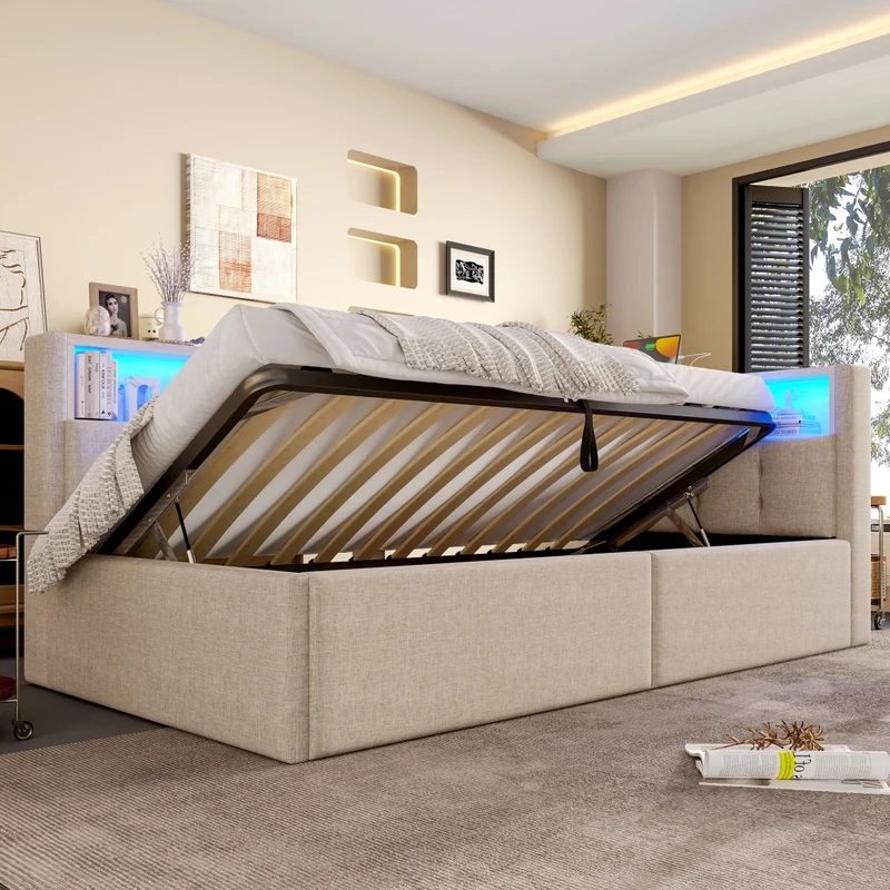 Divano letto singolo 90 x 200 cm beige; letto contenitore con apertura idraulica e luci LED