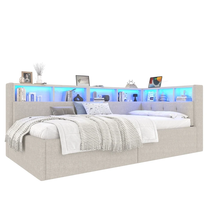 Divano letto singolo 90 x 200 cm beige; letto contenitore con apertura idraulica e luci LED