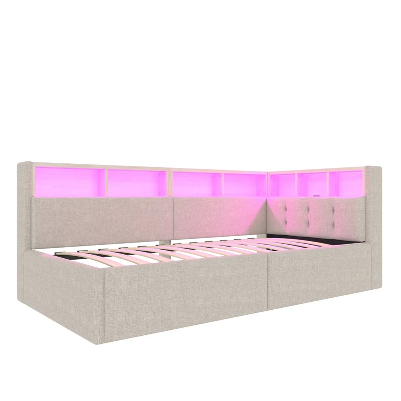 Divano letto singolo 90 x 200 cm beige; letto contenitore con apertura idraulica e luci LED