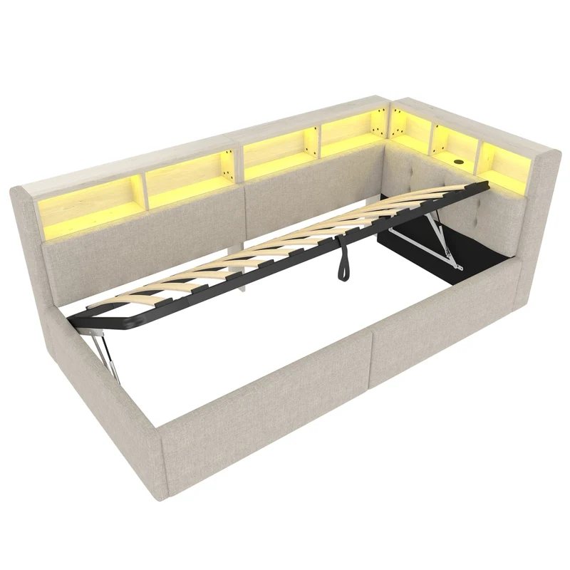 Divano letto singolo 90 x 200 cm beige; letto contenitore con apertura idraulica e luci LED