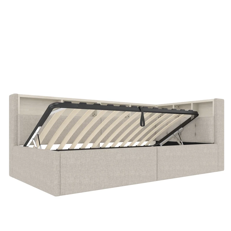 Divano letto singolo 90 x 200 cm beige; letto contenitore con apertura idraulica e luci LED