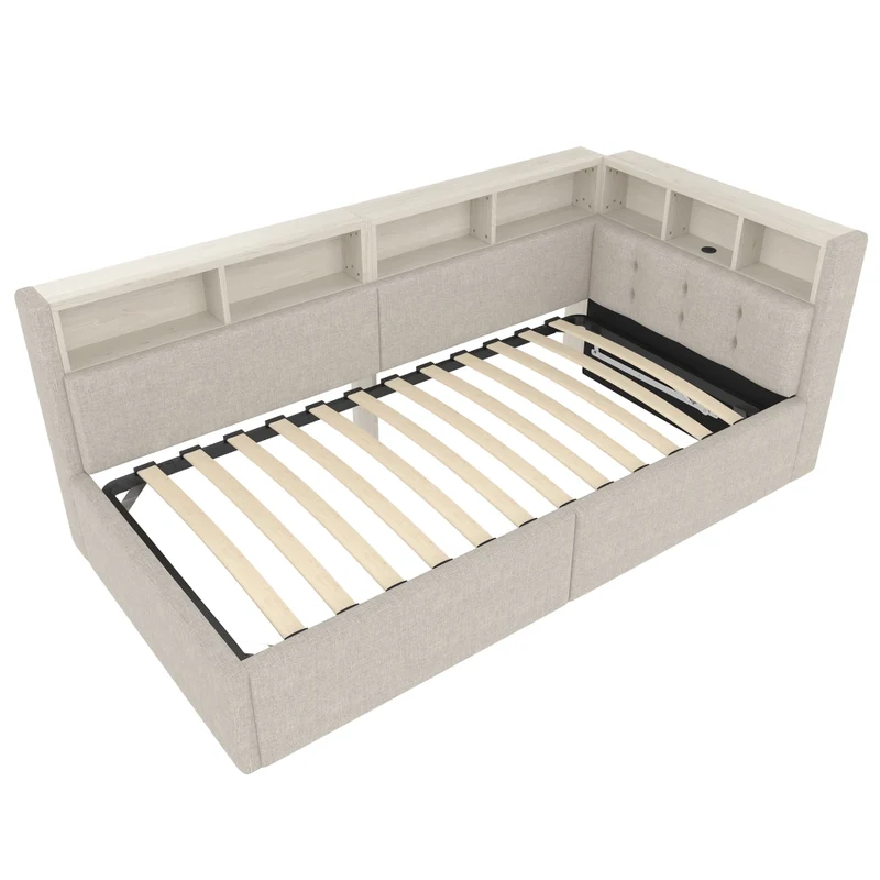Divano letto singolo 90 x 200 cm beige; letto contenitore con apertura idraulica e luci LED
