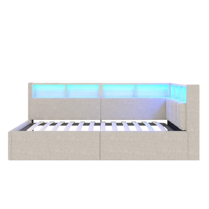 Divano letto singolo 90 x 200 cm beige; letto contenitore con apertura idraulica e luci LED