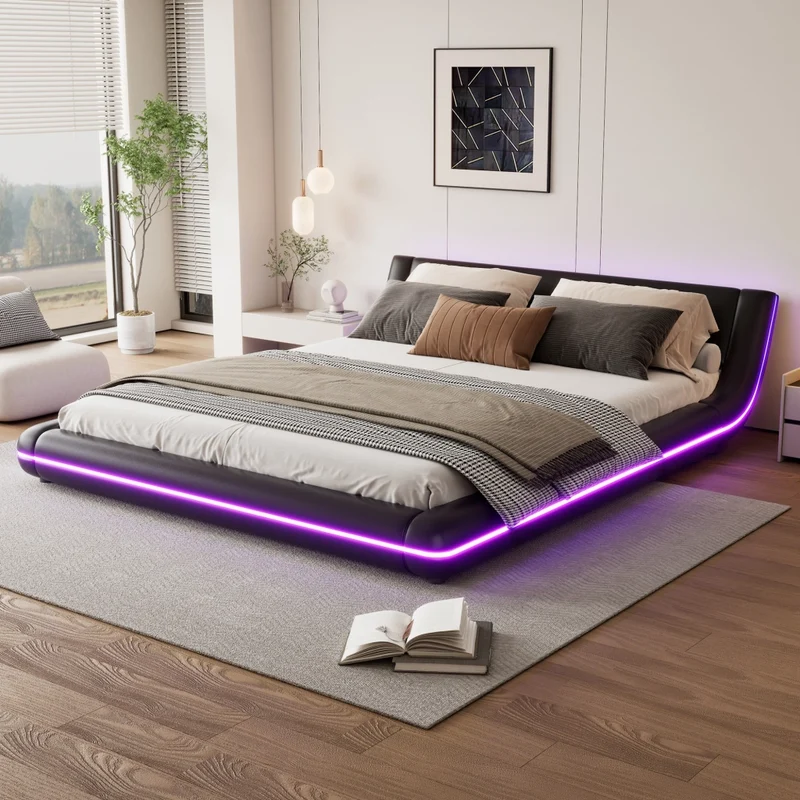 Letto matrimoniale 160x200 cm in PU nero con illuminazione LED RGB
