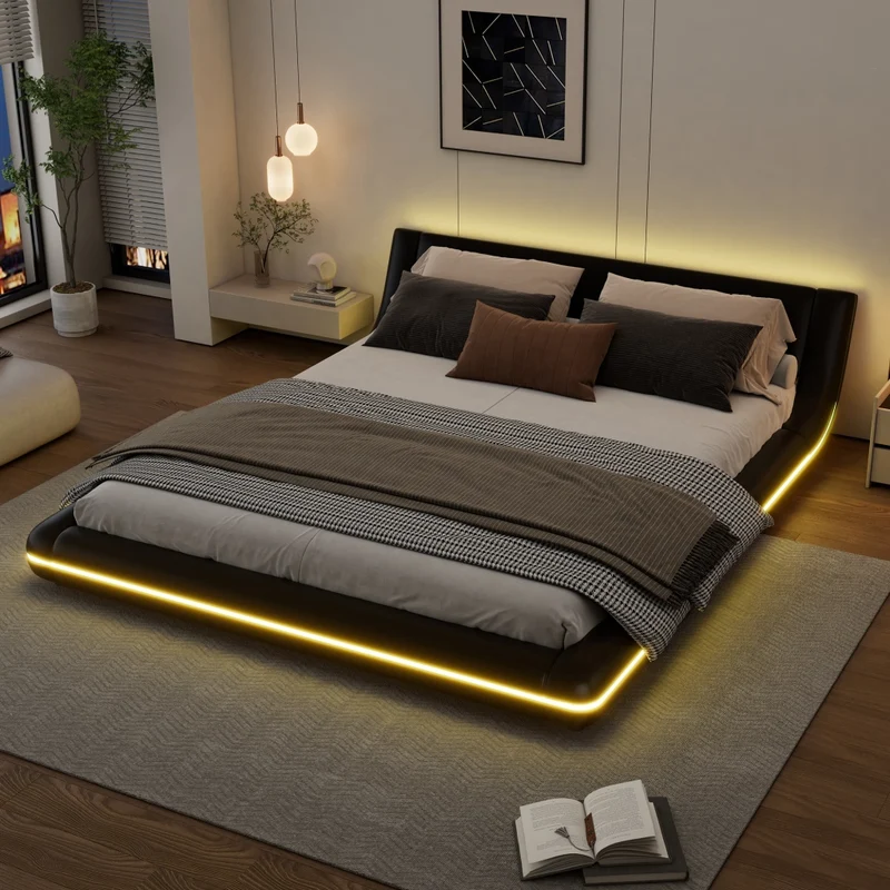 Letto matrimoniale 160x200 cm in PU nero con illuminazione LED RGB