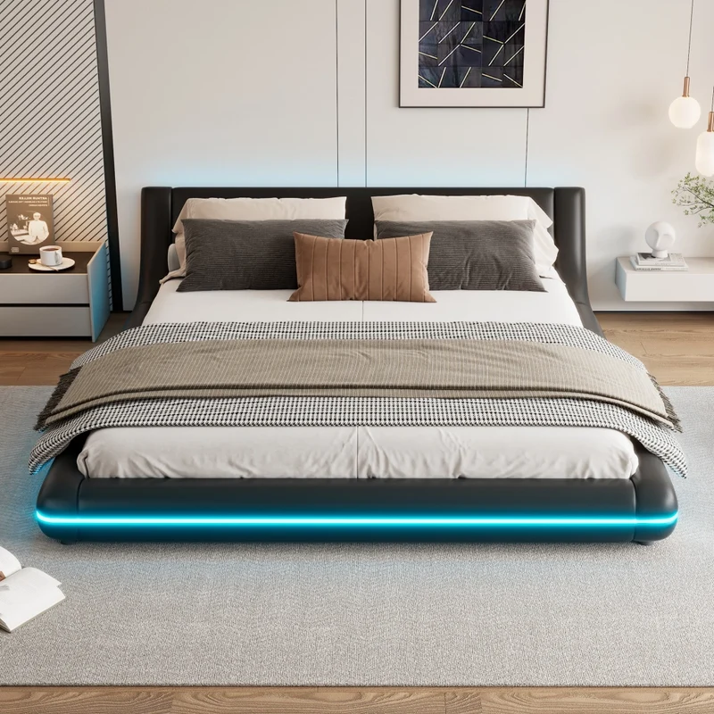 Letto matrimoniale 160x200 cm in PU nero con illuminazione LED RGB
