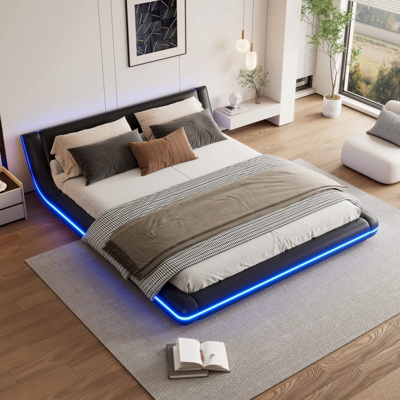 Letto matrimoniale 160x200 cm in PU nero con illuminazione LED RGB