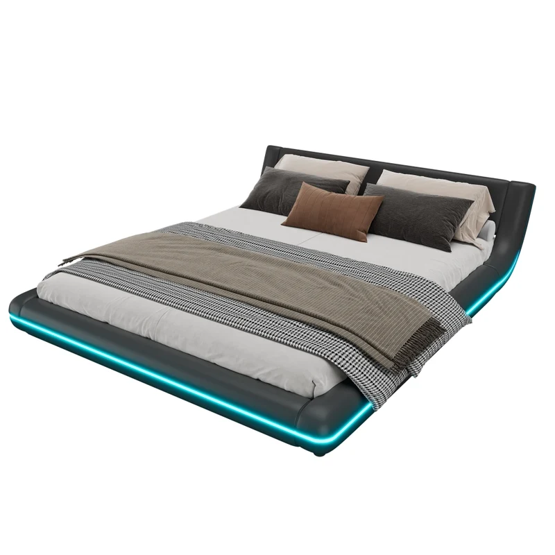 Letto matrimoniale 160x200 cm in PU nero con illuminazione LED RGB