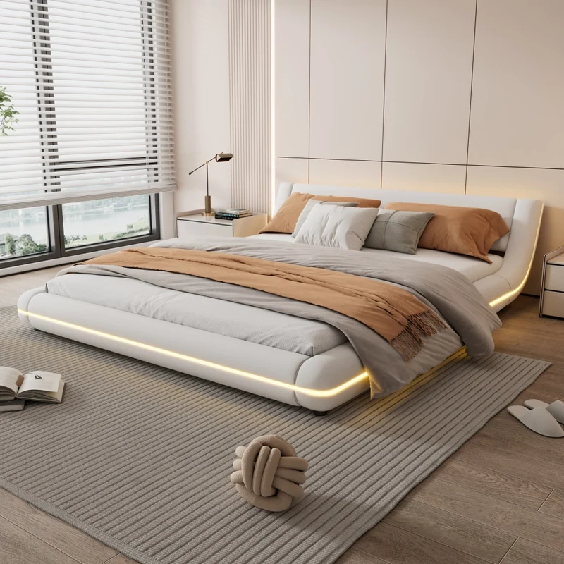 Letto a terra 160x200 cm matrimoniale bianco con luci LED