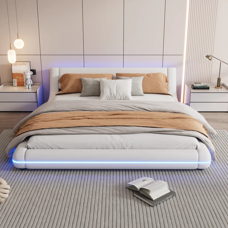 Letto a terra 160x200 cm matrimoniale bianco con luci LED