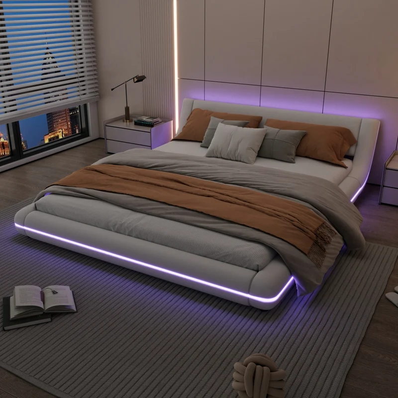 Letto a terra 160x200 cm matrimoniale bianco con luci LED