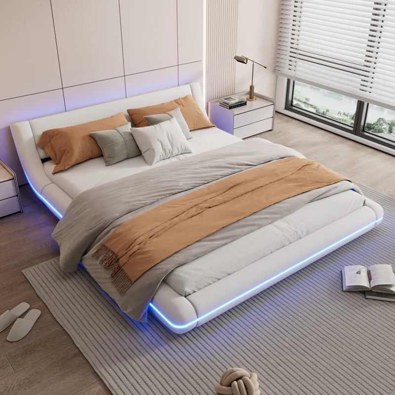 Letto a terra 160x200 cm matrimoniale bianco con luci LED