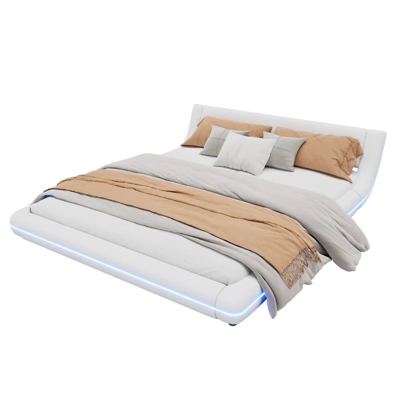 Letto a terra 160x200 cm matrimoniale bianco con luci LED