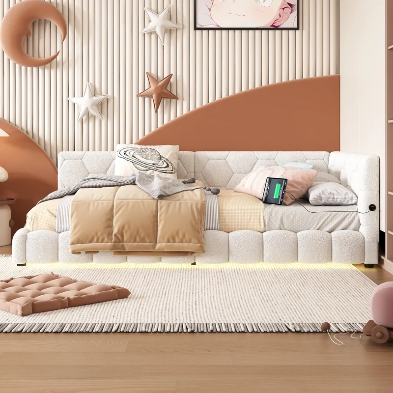 Letto singolo imbottito 90 x 200 cm con rete a doghe; luci LED multicolore e porte USB; bianco