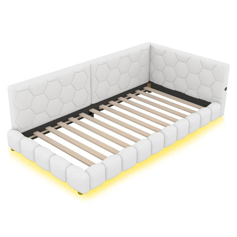 Letto singolo imbottito 90 x 200 cm con rete a doghe; luci LED multicolore e porte USB; bianco