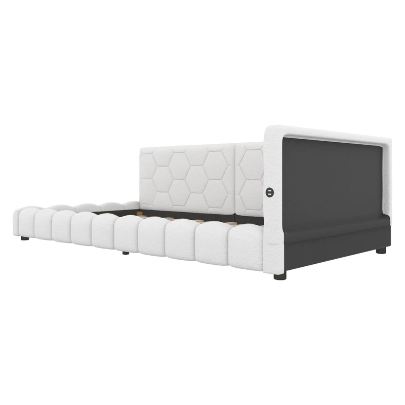 Letto singolo imbottito 90 x 200 cm con rete a doghe; luci LED multicolore e porte USB; bianco