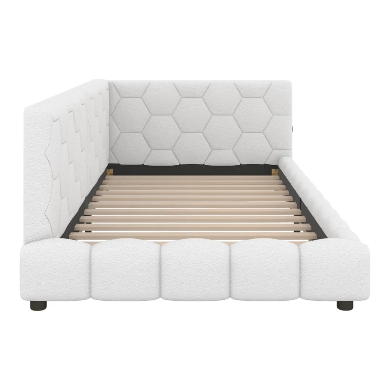 Letto singolo imbottito 90 x 200 cm con rete a doghe; luci LED multicolore e porte USB; bianco