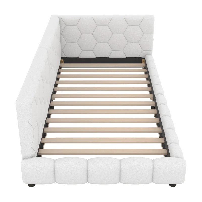 Letto singolo imbottito 90 x 200 cm con rete a doghe; luci LED multicolore e porte USB; bianco