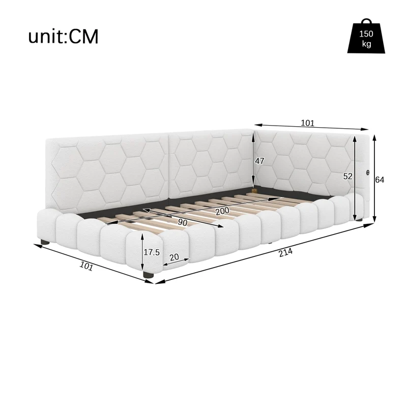Letto singolo imbottito 90 x 200 cm con rete a doghe; luci LED multicolore e porte USB; bianco