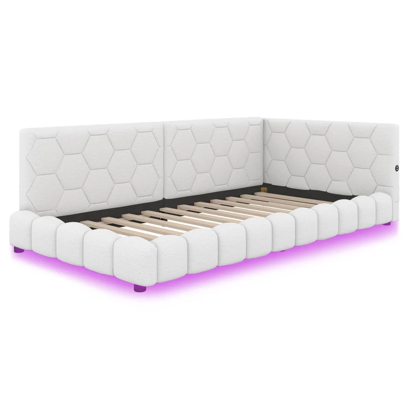 Letto singolo imbottito 90 x 200 cm con rete a doghe; luci LED multicolore e porte USB; bianco