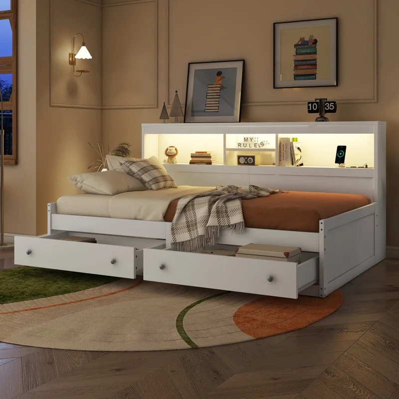 Divano letto singolo bianco 90x200 cm con cassetti; LED e prese USB
