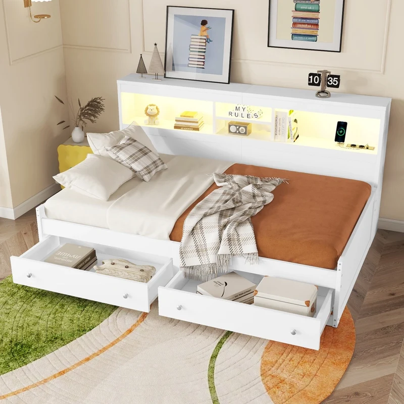 Divano letto singolo bianco 90x200 cm con cassetti; LED e prese USB