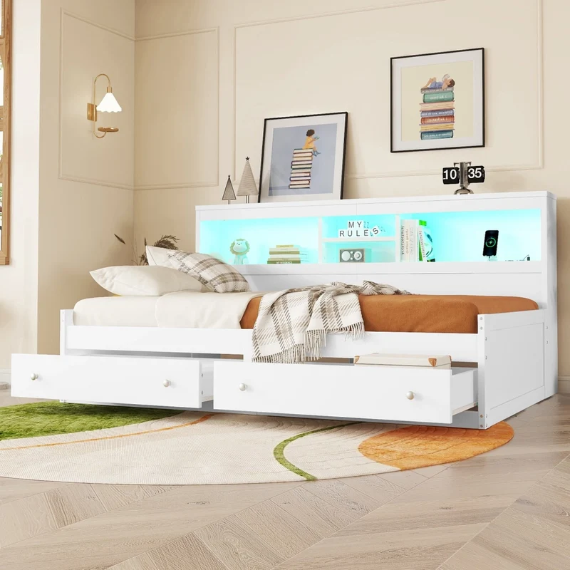 Divano letto singolo bianco 90x200 cm con cassetti; LED e prese USB