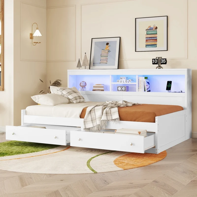 Divano letto singolo bianco 90x200 cm con cassetti; LED e prese USB