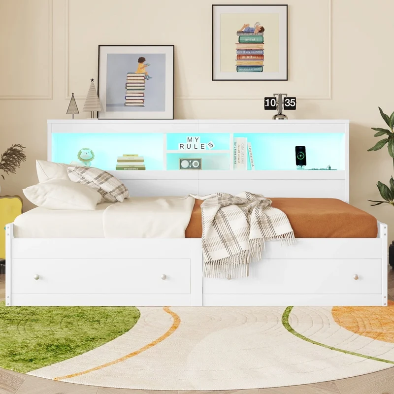 Divano letto singolo bianco 90x200 cm con cassetti; LED e prese USB