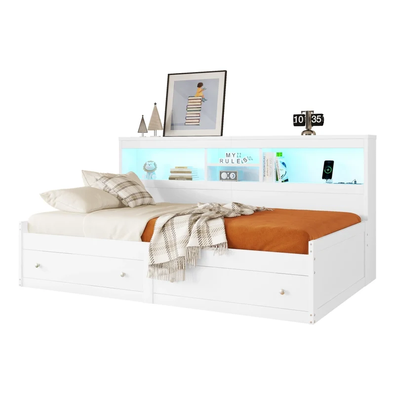 Divano letto singolo bianco 90x200 cm con cassetti; LED e prese USB