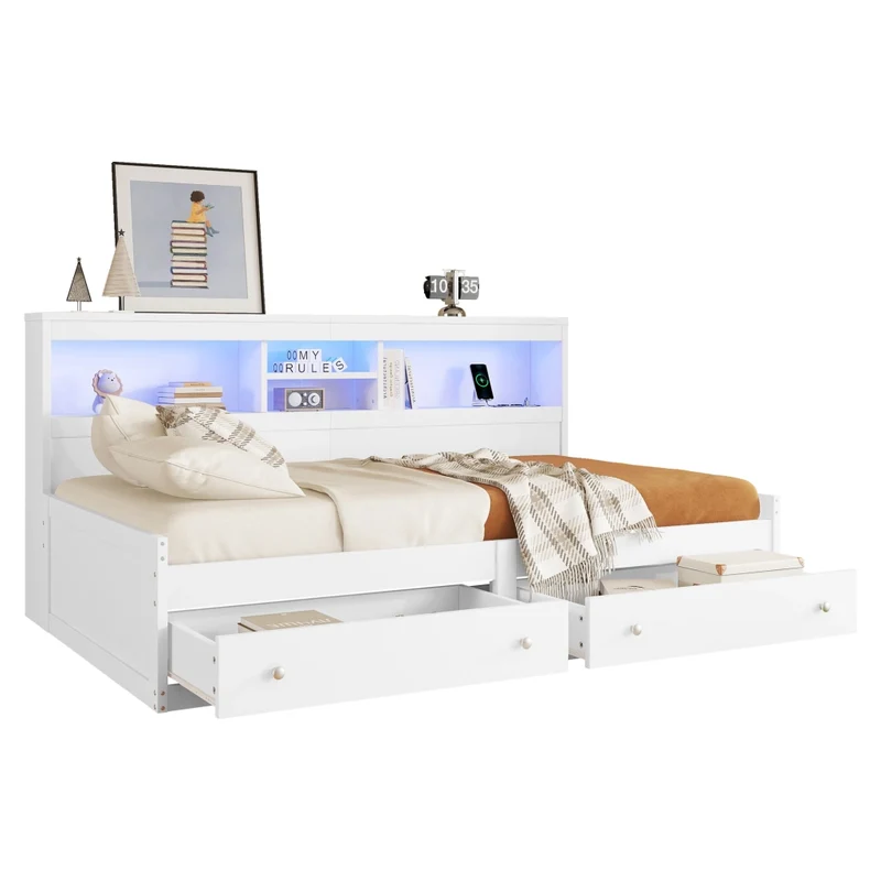 Divano letto singolo bianco 90x200 cm con cassetti; LED e prese USB