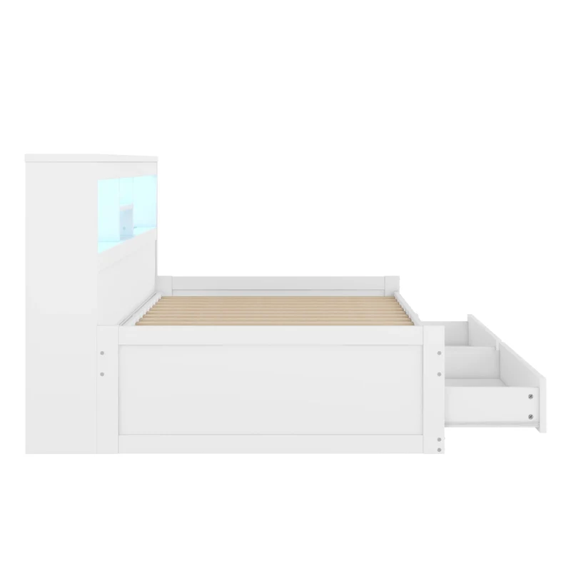 Divano letto singolo bianco 90x200 cm con cassetti; LED e prese USB