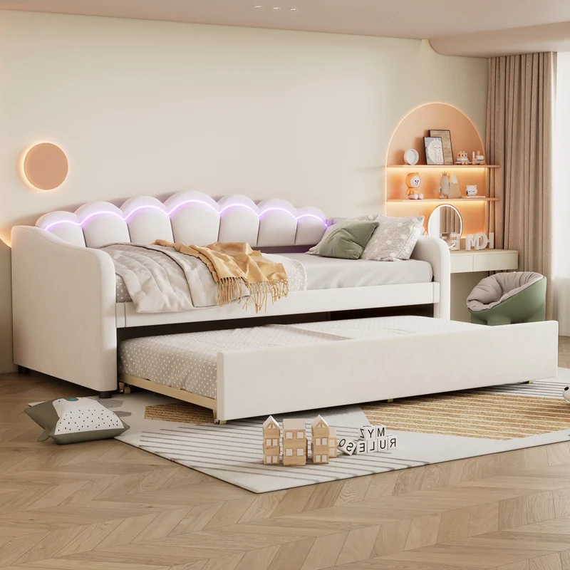 Letto singolo 90x200 cm in velluto beige con letto estraibile e luce LED