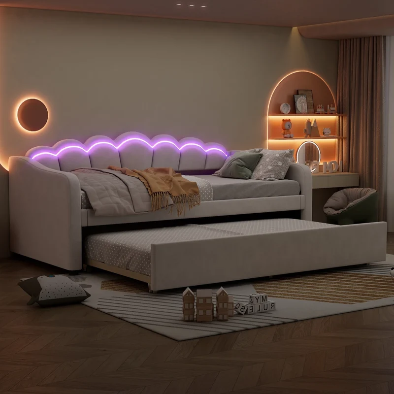 Letto singolo 90x200 cm in velluto beige con letto estraibile e luce LED