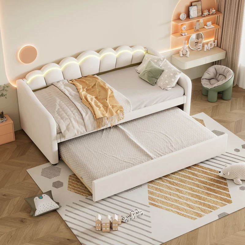 Letto singolo 90x200 cm in velluto beige con letto estraibile e luce LED