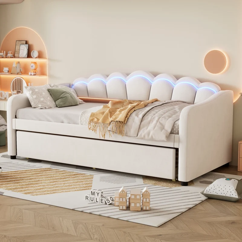 Letto singolo 90x200 cm in velluto beige con letto estraibile e luce LED