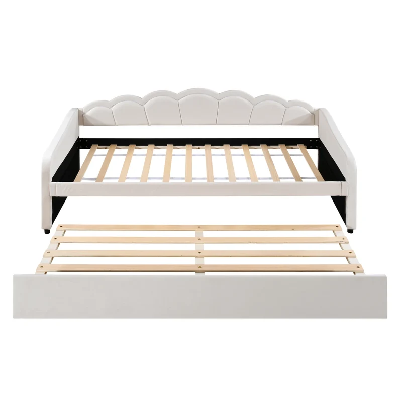 Letto singolo 90x200 cm in velluto beige con letto estraibile e luce LED