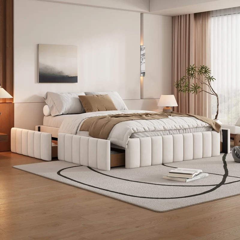 Letto imbottito beige 140x200 cm con rete a doghe e 4 cassetti