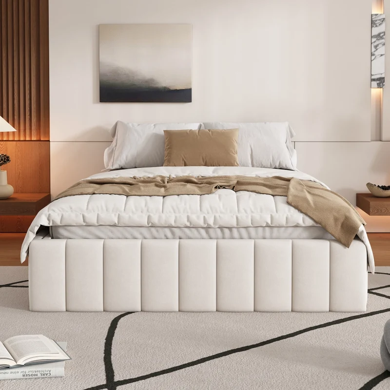 Letto imbottito beige 140x200 cm con rete a doghe e 4 cassetti