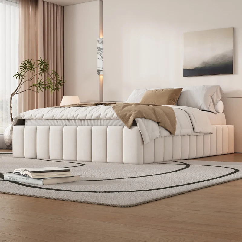Letto imbottito beige 140x200 cm con rete a doghe e 4 cassetti