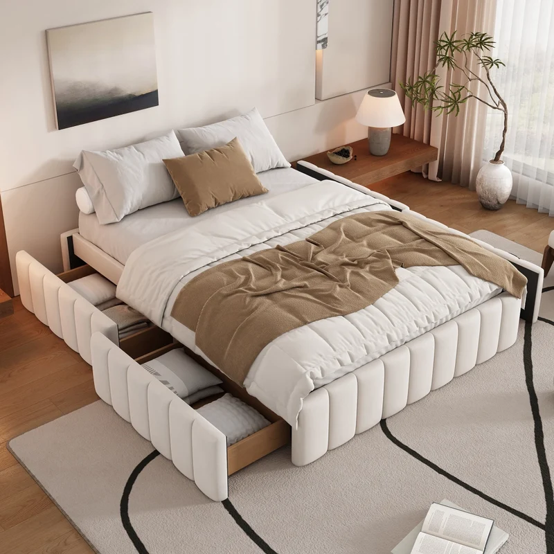 Letto imbottito beige 140x200 cm con rete a doghe e 4 cassetti