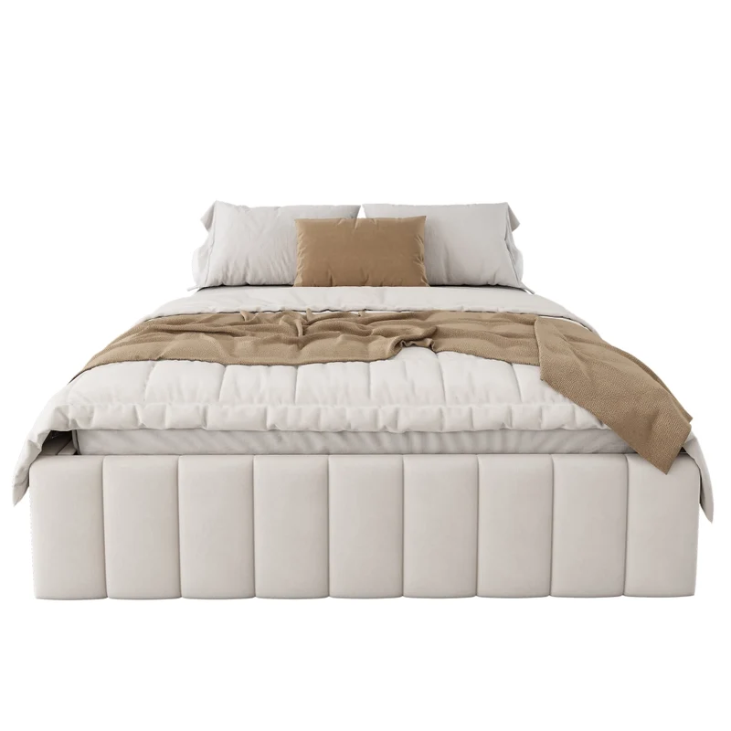 Letto imbottito beige 140x200 cm con rete a doghe e 4 cassetti