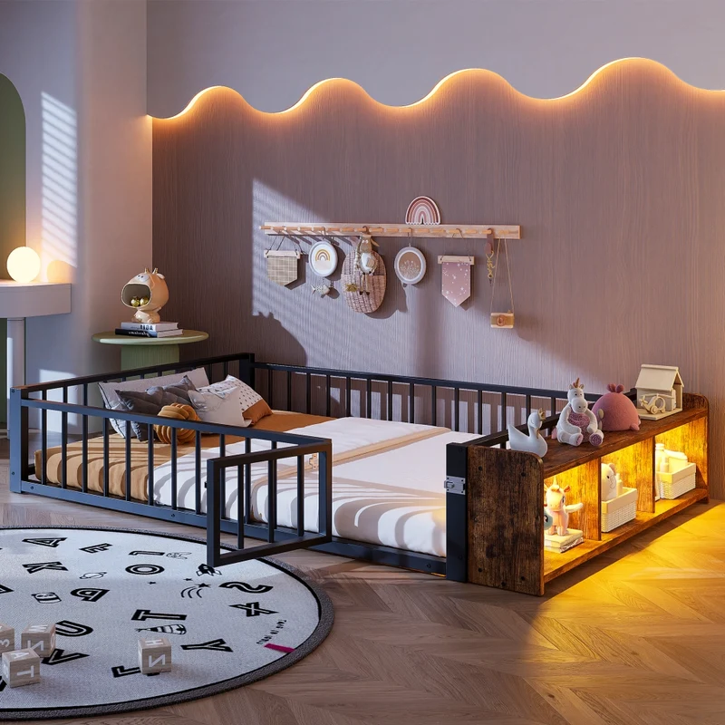 Letto per bambini 140x200 cm in metallo nero con sponde di sicurezza; vano portaoggetti e luci LED