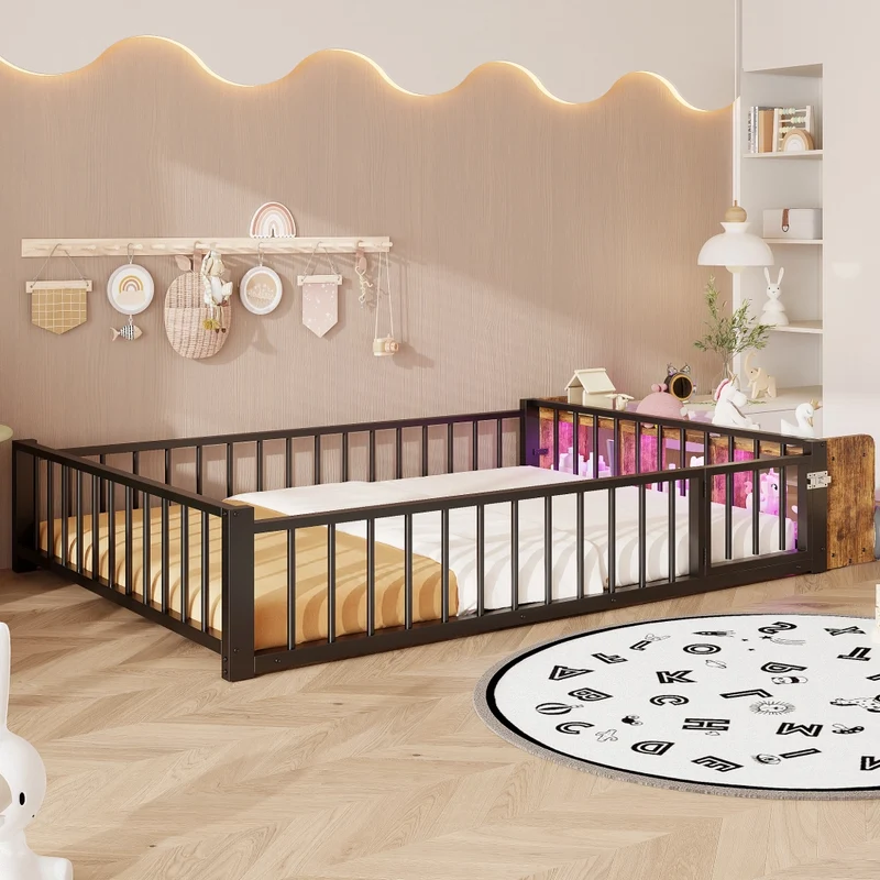 Letto per bambini 140x200 cm in metallo nero con sponde di sicurezza; vano portaoggetti e luci LED