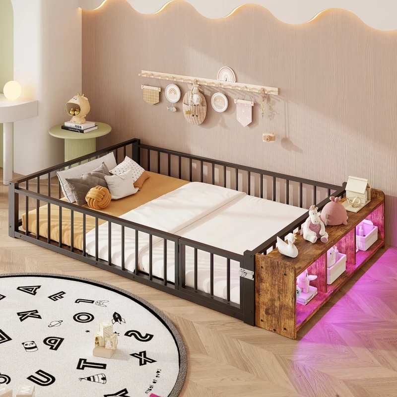 Letto per bambini 140x200 cm in metallo nero con sponde di sicurezza; vano portaoggetti e luci LED