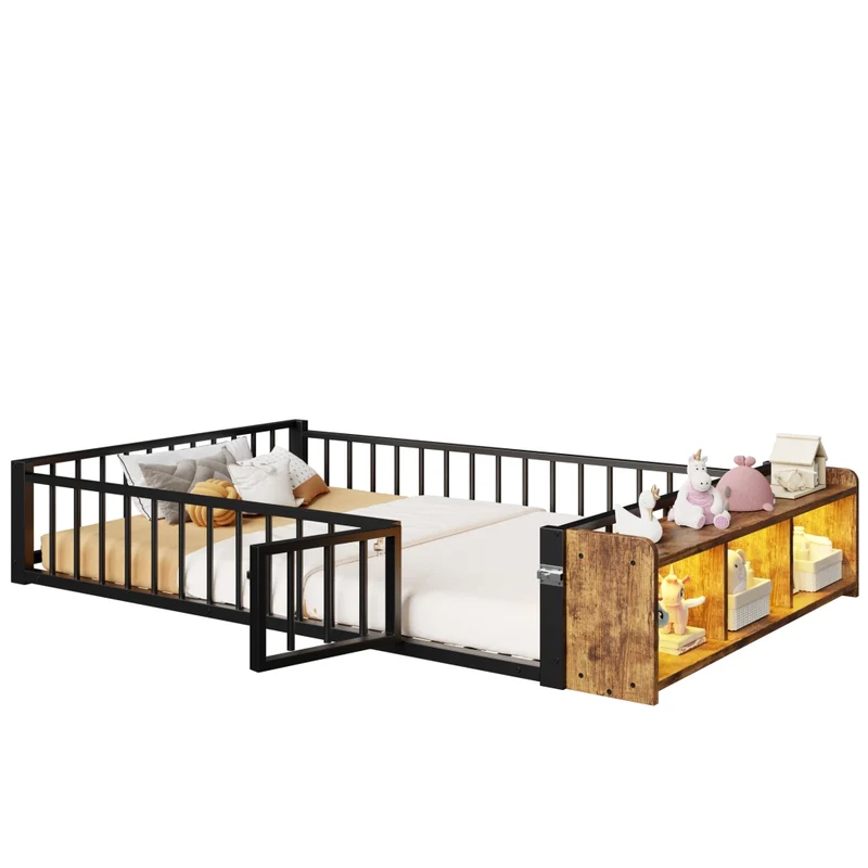Letto per bambini 140x200 cm in metallo nero con sponde di sicurezza; vano portaoggetti e luci LED