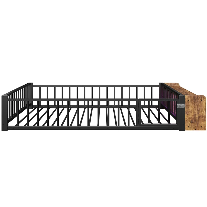 Letto per bambini 140x200 cm in metallo nero con sponde di sicurezza; vano portaoggetti e luci LED