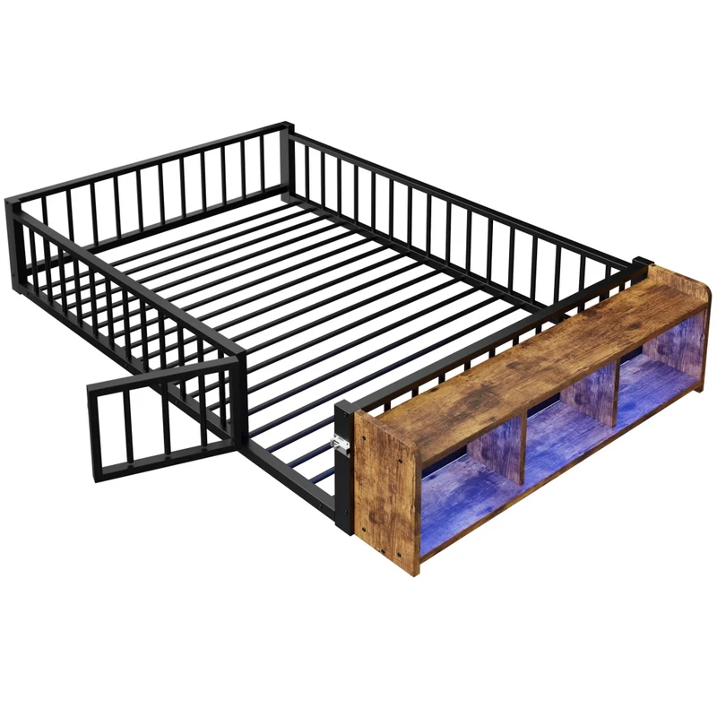 Letto per bambini 140x200 cm in metallo nero con sponde di sicurezza; vano portaoggetti e luci LED